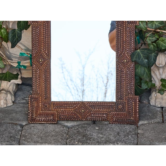 Petite French Tramp Art Mirror with Carved Geometric Frame, circa 1900 For Sale - Image 9 of 12