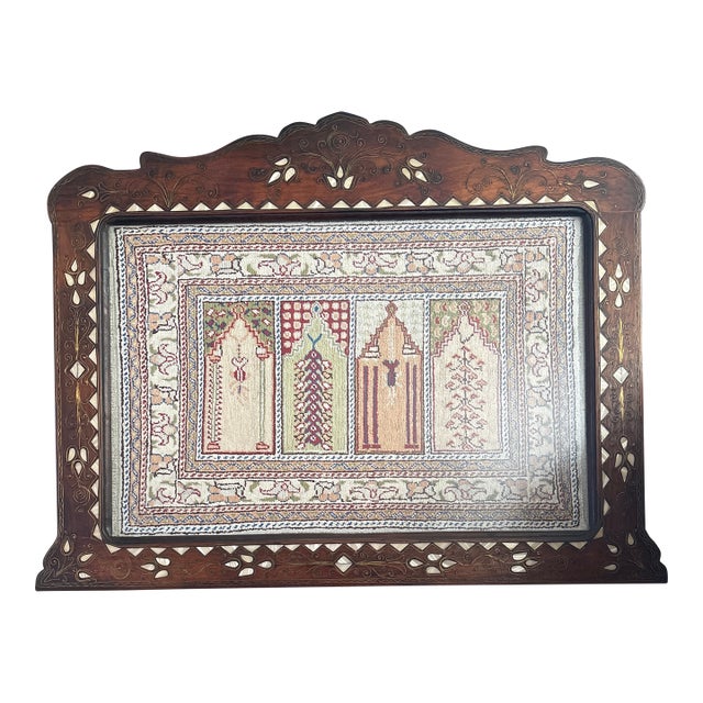 Antique Silk Prayer Rug in Antique Wood, Mother of Pearl, and Brass Frame For Sale