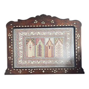 Antique Silk Prayer Rug in Antique Wood, Mother of Pearl, and Brass Frame