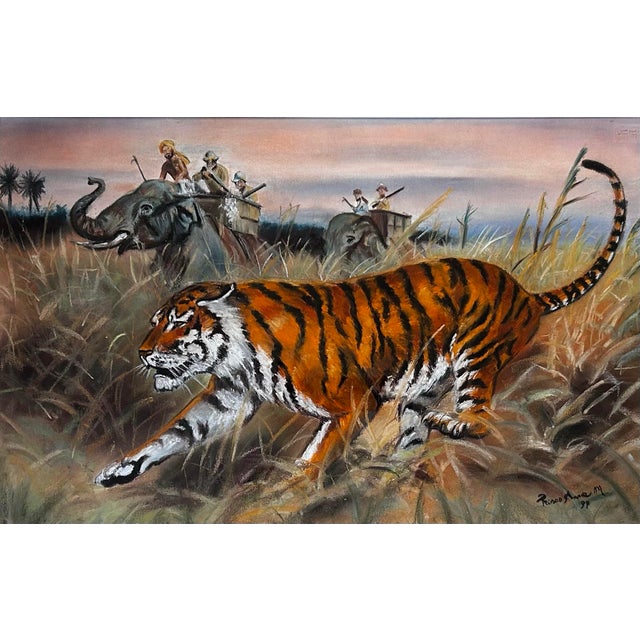Vintage Original Large Framed Pastel of a Tiger in Safari For Sale - Image 4 of 9