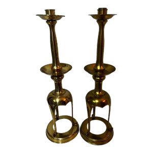 Pair of Early 20th Century Japanese Style Brass Alter Candle Stand Candlesticks Candle Holders