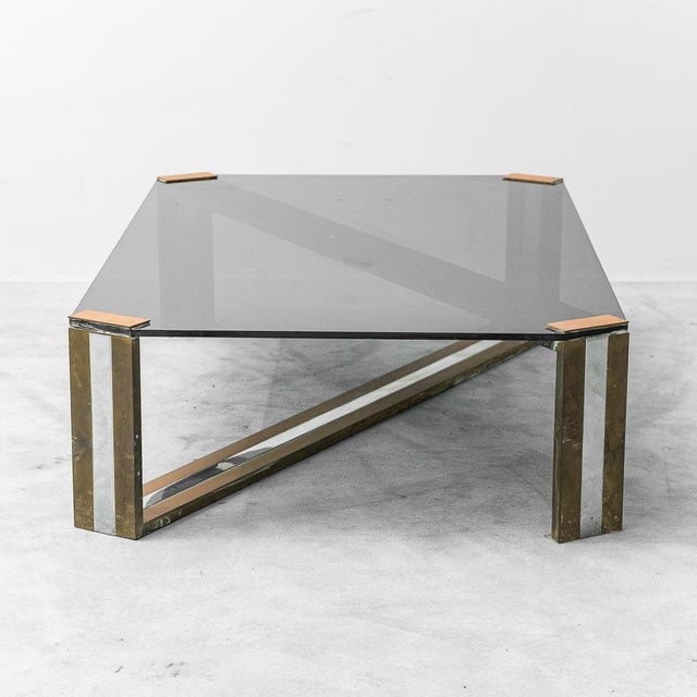 Coffee Table in Smoked Glass with Brass and Metal, 1970s For Sale - Image 4 of 10