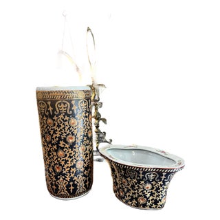 1970s Set of 2, Asian Inspired Peacock Design Umbrella Stand and Vase For Sale