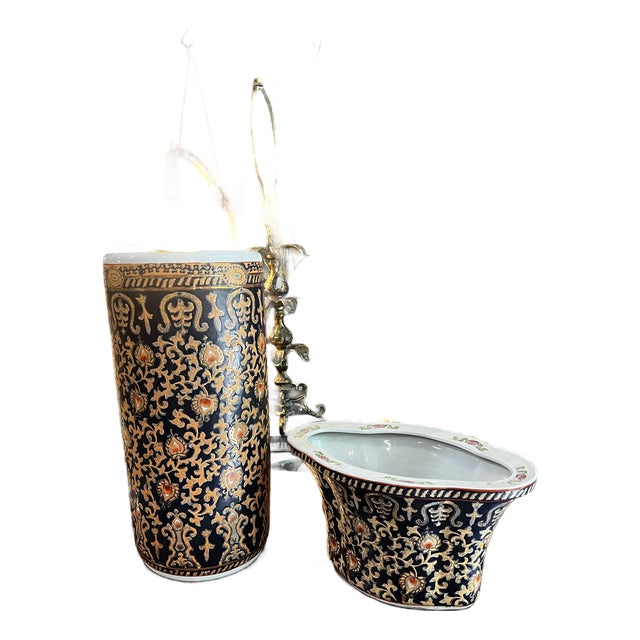 1970s Set of 2, Asian Inspired Peacock Design Umbrella Stand and Vase For Sale