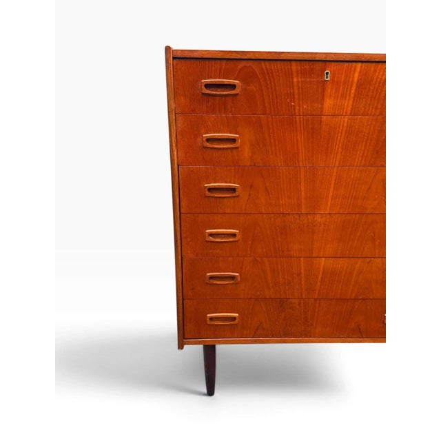 Wood Mid-Century Danish Modern Teak Tallboy Dresser | Six Drawers With Carved Oval Pulls For Sale - Image 7 of 11