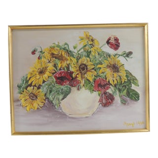 Vintage Framed Still Life Painting Depicting Sunflowers For Sale