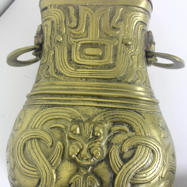 Vintage Brass Chinese Hu Vessel Urn Table Lamp Creatures Oni Serpent Foo Dogs For Sale - Image 12 of 12