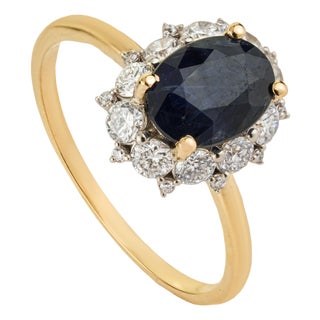 VRJewels 1.55ct Blue Sapphire Diamond Halo Ring Size 5 in 14k Yellow Gold For Sale