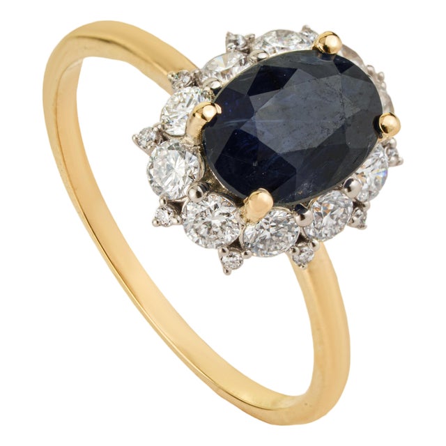 VRJewels 1.55ct Blue Sapphire Diamond Halo Ring Size 5 in 14k Yellow Gold For Sale