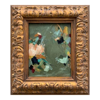 Green Abstract Oil Painting in Vintage Frame For Sale