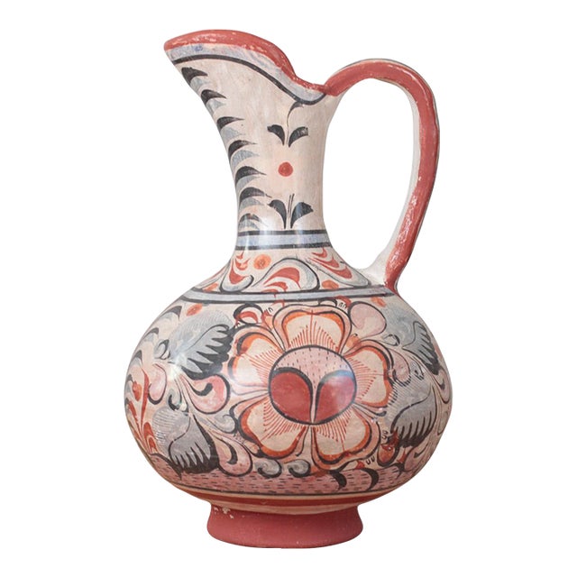 1970s Mexican Tonalá Pottery Pitcher With Haindpainted Floral Motifs For Sale