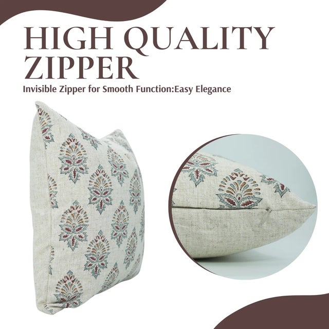 Art Deco Fabdivine Floral Block Print Pillow Cover 18x18 Inch Viscose Linen-Samrat For Sale - Image 3 of 5