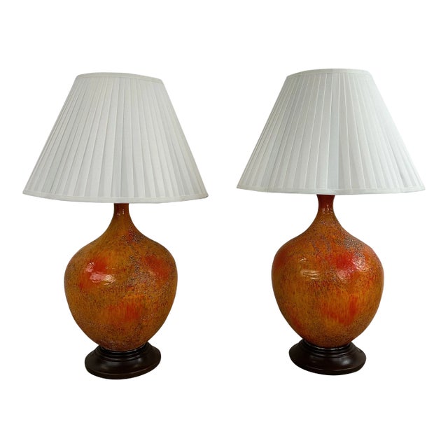 Pair of Mid a Century Modern Orange Table Lamps With Lava Glaze For Sale