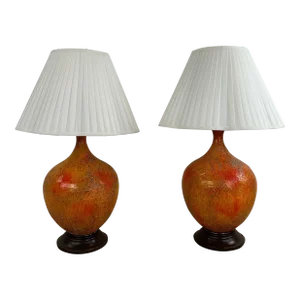 Pair of Mid a Century Modern Orange Table Lamps With Lava Glaze