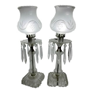 Early 20th Century Electrified Clear Luster Boudoir Lamps With Frosted Grape Shades - Pair For Sale