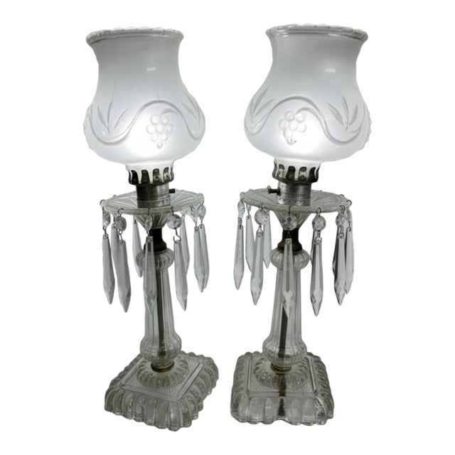 Early 20th Century Electrified Clear Luster Boudoir Lamps With Frosted Grape Shades - Pair For Sale