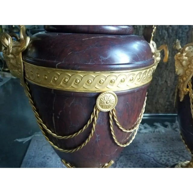 Metal 20th Century French Rouge Marble Bronze Ormolu Urns - a Pair For Sale - Image 7 of 13