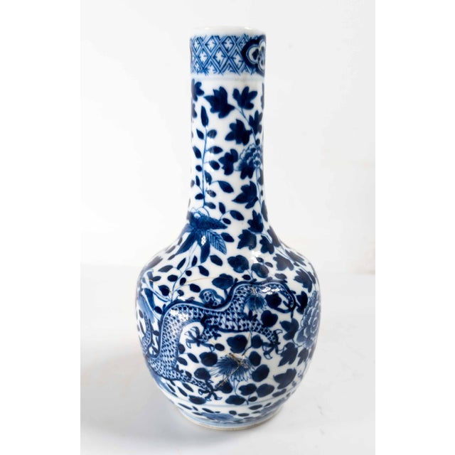 Blue 19th Century Chinese Blue and White Bottle Vase With Peony and Dragon, Repaired For Sale - Image 8 of 13