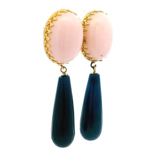 Talia Jade Pink Coral Cabochon and Blue Agate Pendant Drop Earrings, A Pair For Sale