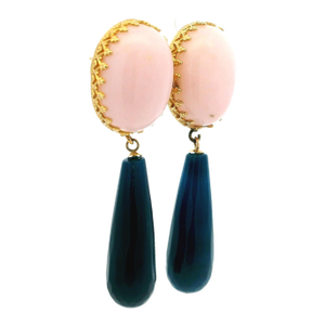 Talia Jade Pink Coral Cabochon and Blue Agate Pendant Drop Earrings, A Pair