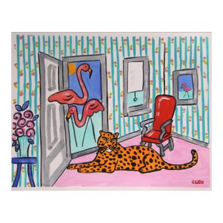Leopard and Lawn Flamingos Interior Pop Art Expressionism Pink, Blue Original Painting by Cleo Plowden For Sale