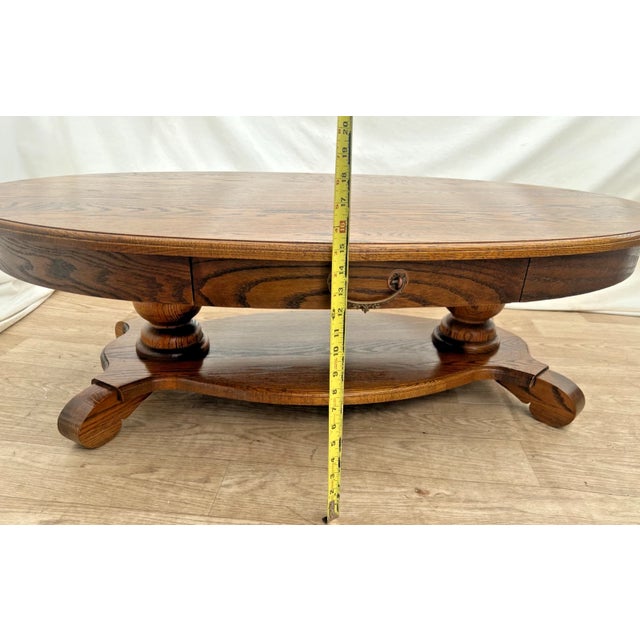 Wood Vintage Oval Coffee Table Tiger Oak, Center Drawer, Shelf, Columns, Empire Style For Sale - Image 7 of 10