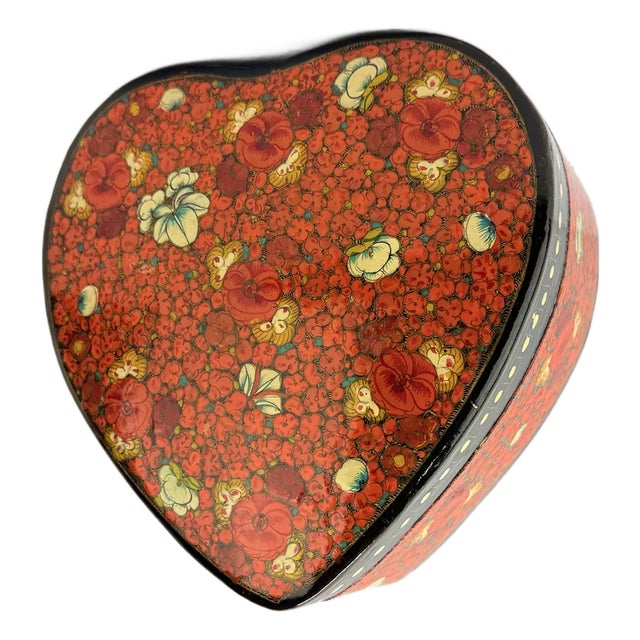 Vintage Kashmiri Heart Shaped Paper Mache Floral Decorated Box For Sale