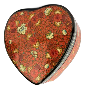 Vintage Kashmiri Heart Shaped Paper Mache Floral Decorated Box