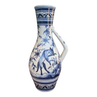 1970s Handpainted Portuguese Coimbra Ceramic Blue & White Bud Vase For Sale