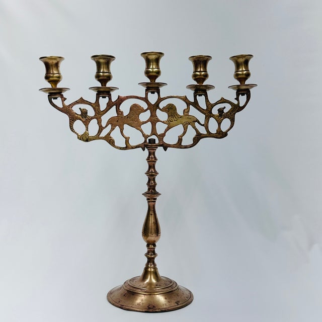 Metal Early 20th Century 5 Candle Brass Polish Jewish Shabbat Candelabra "Lions of Judah" For Sale - Image 7 of 14