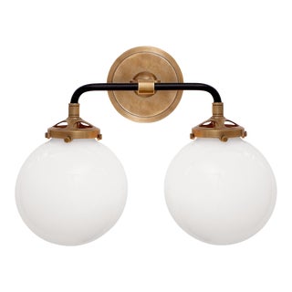 Ian K. Fowler for Visual Comfort Signature Bistro Double Light Curved Sconce in Hand-Rubbed Antique Brass & Black with White Glass For Sale