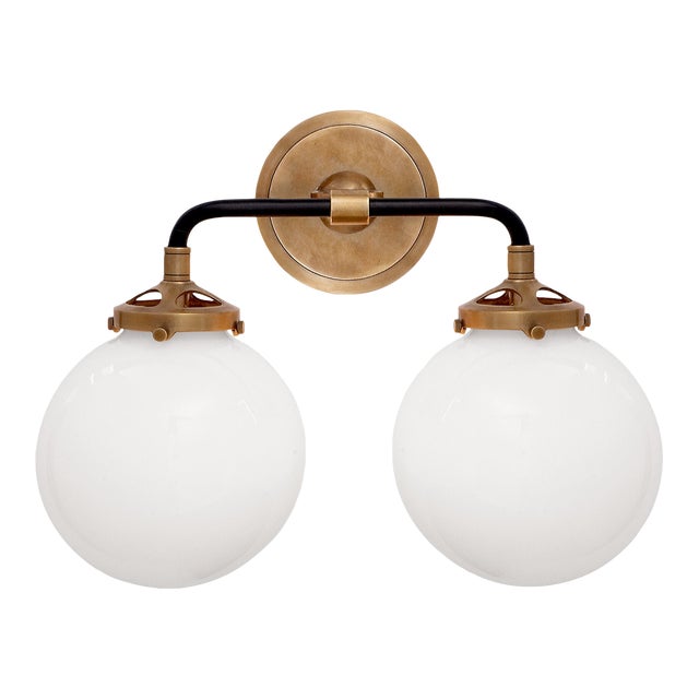 Ian K. Fowler for Visual Comfort Signature Bistro Double Light Curved Sconce in Hand-Rubbed Antique Brass & Black with White Glass For Sale