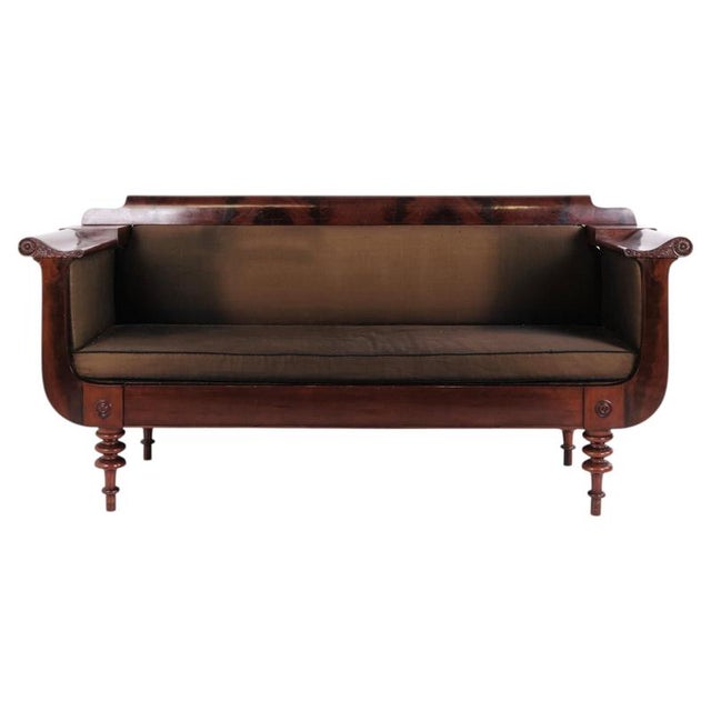 Antique Empire Sofa in Mahogany with Turned Legs and Brown Upholstery, 1830s For Sale - Image 10 of 10