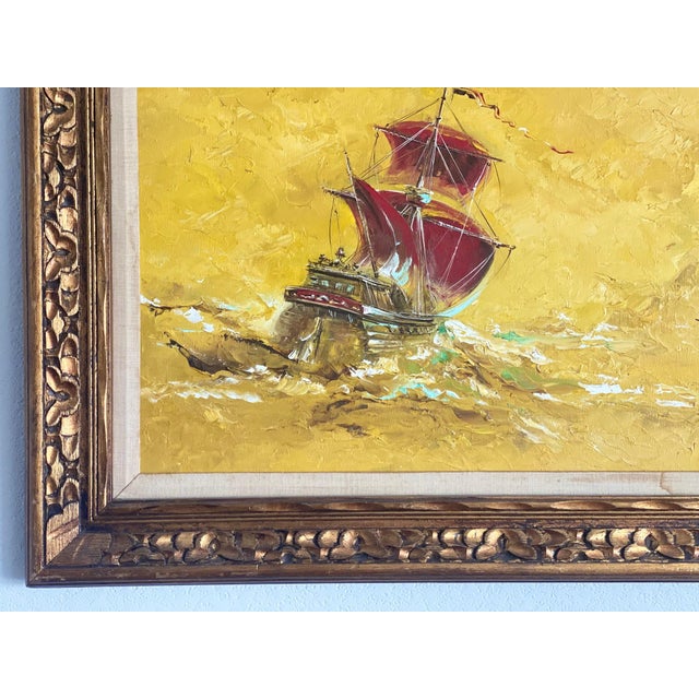 Large Vintage Original Oil Painting by Rj Fowles Wwii Veteran Red Sailing Ship Yellow Ocean Background Framed and Matted For Sale - Image 6 of 11