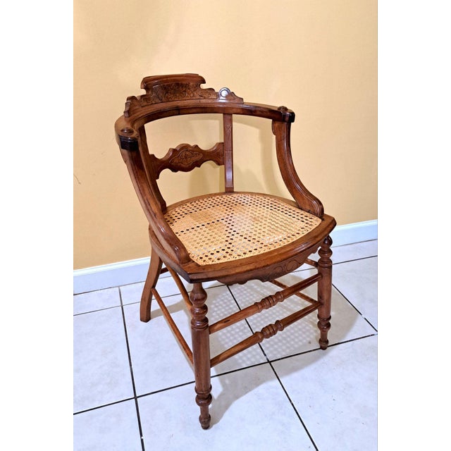 Antique 1800s Wood Chairs Pair Carved Back Recaned Seats Refinished For Sale - Image 10 of 13