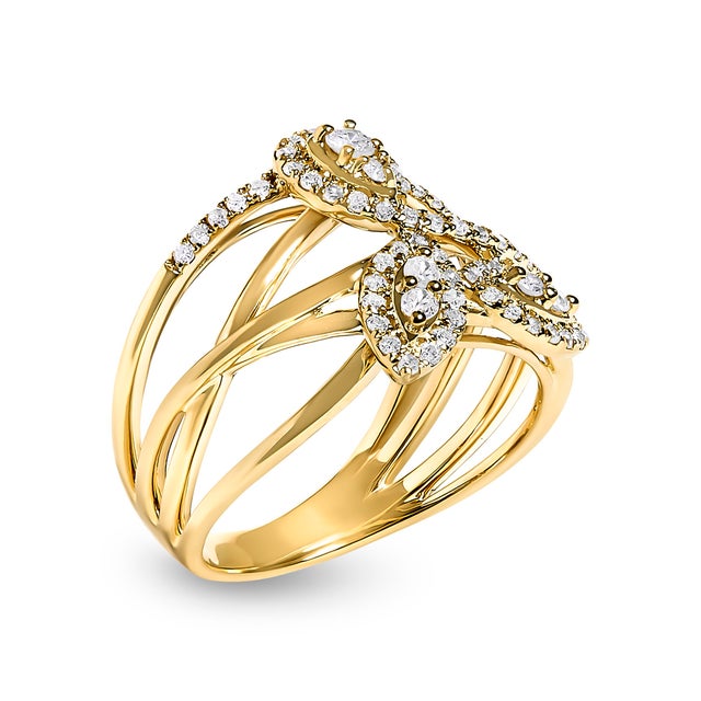 Contemporary 10K Yellow Gold 1/2 Cttw Diamond Crossover 3 Leaf Floral Cocktail Ring Band (H-I Color, SI1-SI2 Clarity) - Size 6 For Sale - Image 3 of 7