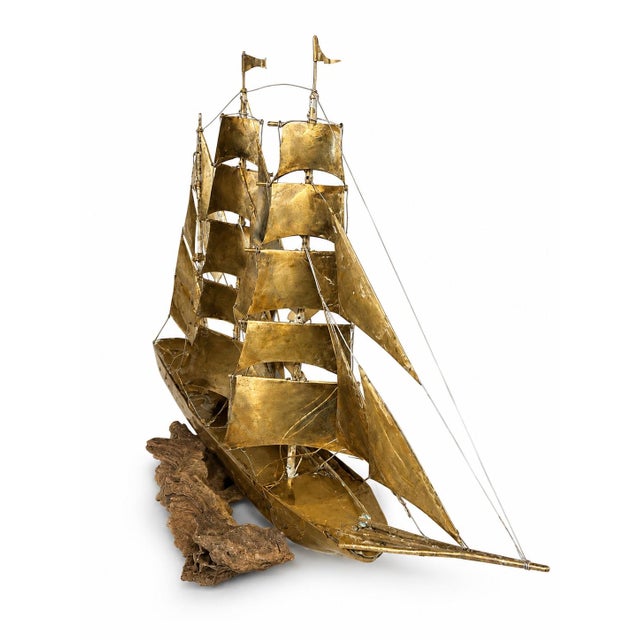 Brutalist-Style Brass and Copper Boat Model: This commanding 22-inch tall sculpture is a significant step up in scale and...
