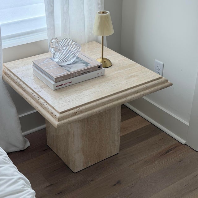 Mid-Century Modern 1980s Stone International Italy Travertine Pedestal Side Tables Set of 2 For Sale - Image 3 of 12