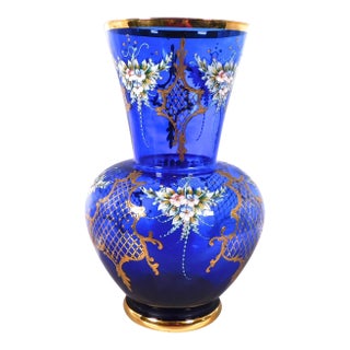 1950s Large Blue Glass Decorated Vase For Sale