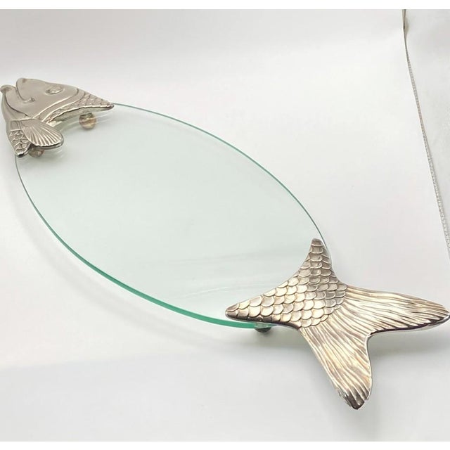 Statement oval glass fish serving platter in the style of Fritz Nagel’s mid-century designs for BMF. This large, heavy...