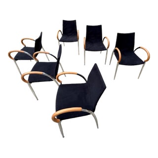 Set of 6 Dining Chairs in Black, Chrome and Wood For Sale