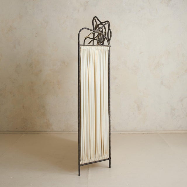Mid 20th Century Vintage French Four-Panel Hammered Iron Folding Screen with Pleated Fabric For Sale - Image 5 of 11