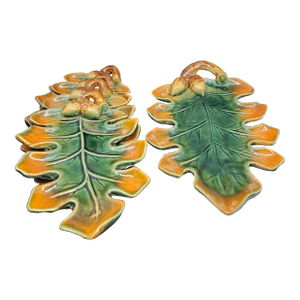 Euc Autumn Oak Leaf & Acorn Candy Nut Serving Trinket Dish Pottery Plates, Set of 5