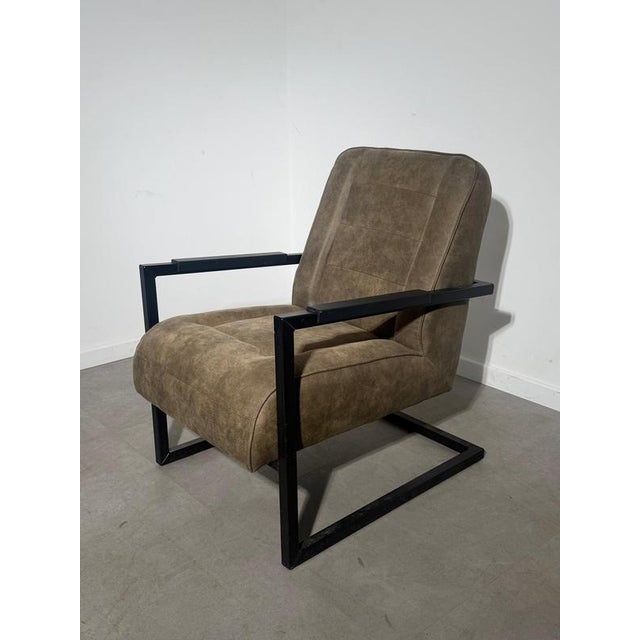 Industrial Lounge Chair with Taupe Upholstery & Black Metal Frame For Sale - Image 5 of 5