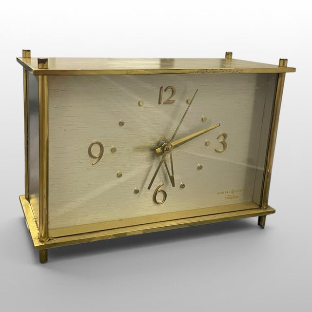 1960s Vintage Ge Telechron Brass Desk Clock Mid Century Modern West Germany For Sale - Image 5 of 10