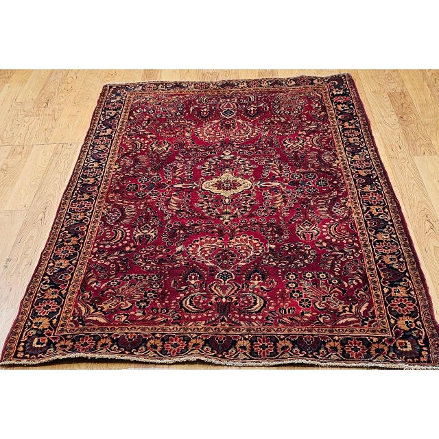 Antique Persian Sarouk Area Rug, Hand-Knotted Wool, Allover Floral Pattern, 4x6, Red & Navy For Sale - Image 10 of 17