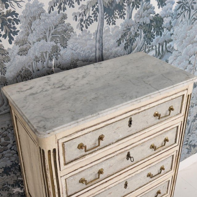18th C. French Painted Tall Chest of Drawers With Original Marble Top For Sale - Image 12 of 16