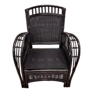 Vintage Rattan Lounge Chair in Black Enamel. McGuire-Style Leather Bindings and Stick Reed Details. Performance Cushions, Professionally Refurbished. For Sale