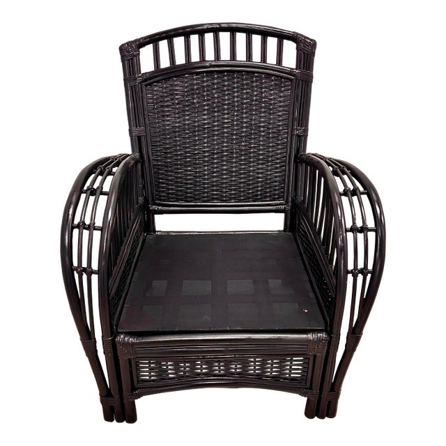Vintage Rattan Lounge Chair in Black Enamel. McGuire-Style Leather Bindings and Stick Reed Details. Performance Cushions, Professionally Refurbished. For Sale