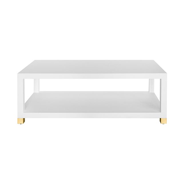 Worlds Away Matthew Izzo Home - Patricia Rectangular Matte White Lacquer Coffee Table With Brass Foot Caps For Sale - Image 4 of 5